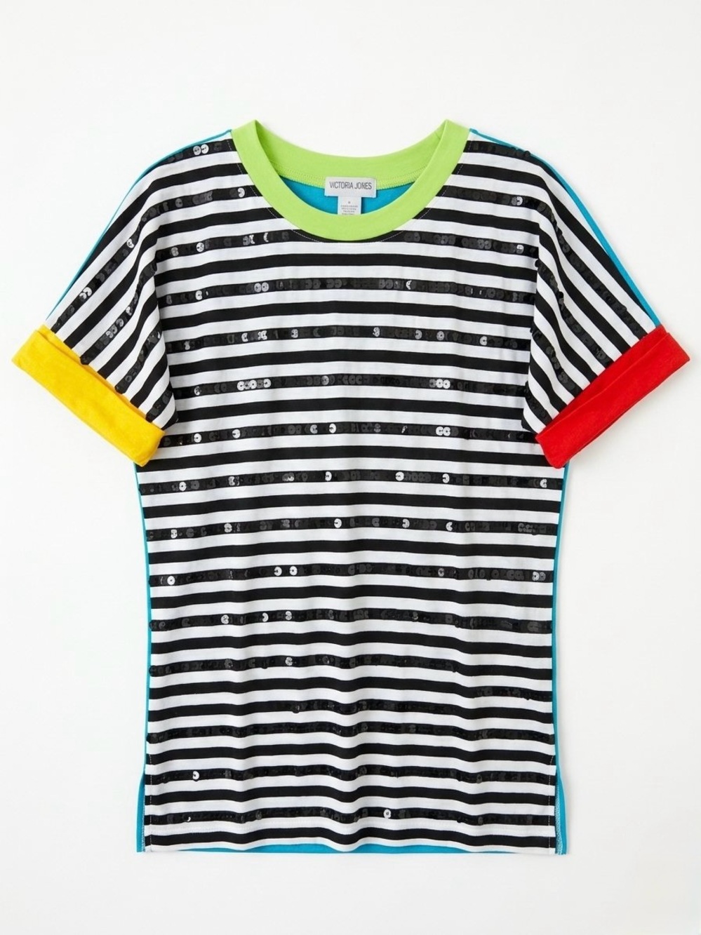 Victoria Jones Vintage 90’s Retro Sequin Stripe Colorblock Tee M Kidcore Rave